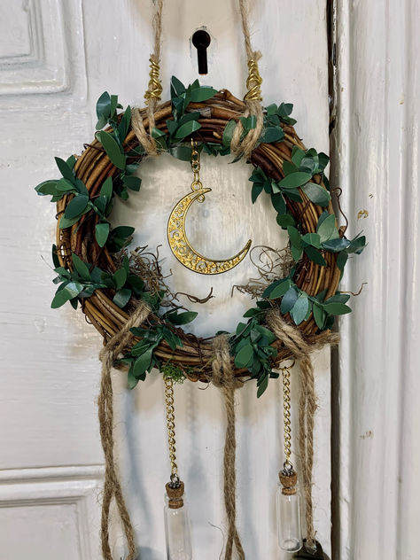 #gothic #witchy #protectionwreath #chime #bells #witchythings #darkcottagecore #darkdecor #gothicdecor #witchbells #wreath #alter #doorhanging #moon #moondecor #blackmagic #magical #crystal Witchy Christmas Wreaths, Witch Bell Wreath, Witchy Door Wreath, Witchy Door Decor, Moon Wreath Crescent, Witchy Wreaths, Pentagram Wreath, Protection Wreath, Wicca Decor