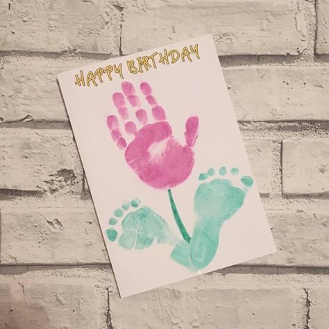 Grandma Birthday Diy Gift, Handprint Birthday Card Grandma, Birthday Card From Infant, Happy Birthday Crafts For Grandma, Handprint Birthday Card For Mom, Happy Birthday Grandma Craft, Happy Birthday Footprint Art, Birthday Card For Mom From Toddler, Birthday Card Toddler Craft