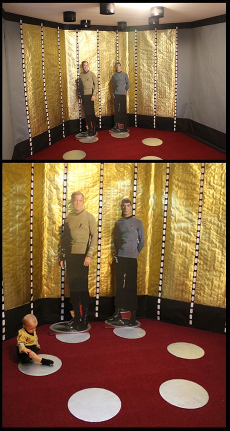 Star Trek TOS Transporter-  I made this using grey bulletin board paper, black bulletin board paper, gold florist foil, black duct tape, blank address labels, 6 large cardboard pizza rounds, silver spray paint, and 6 LED stick-up lights.  This was a fantastic photo op area. Star Trek Decorations, Black Bulletin Board, Snake Wreath, Star Trek Decor, Star Trek Baby, Star Trek Birthday, Star Trek Party, Star Trek Theme, Star Trek Wedding