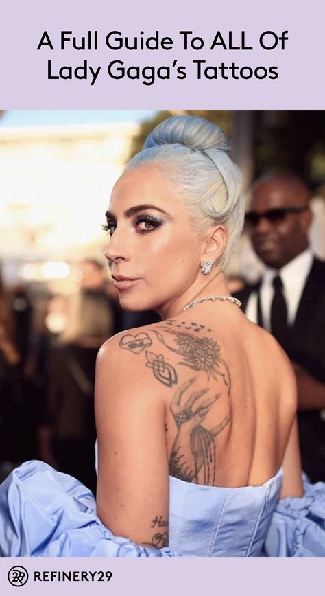 Every single tattoo Lady Gaga has on her body, explained  #gaga #ladygaga #tattoos #beauty #shallows #celebritytattoos Lady Gaga Joanne Tattoo, Know Yourself Tattoo, Celeb Tattoos Women, Lady Gaga Inspired Tattoos, Alanis Morissette Tattoo, Celebs With Tattoos, Lady Gaga Tattoo Ideas, Lady Gaga Tattoos, Adele Tattoo