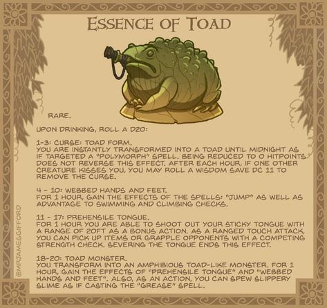 33. Essence of Toad - A particular favourite amongst hags and witches, this lumpy potion smells like rancid swamp water. #toad #fairytales #dungeonsanddragons #dnd5e #potion #witch #d20 #fantasy #ribbit #tabletopgaming #rpg #kissmequick Hop along to my Twitter! *ribbit* @mrjamesgifford #homebrewinggear Dnd Drinks, Tavern Drinks, Dnd Magic Items, Alchemist Character, Dnd Armor, Dnd Board, Swamp Water, Dnd Magic, Dnd Items