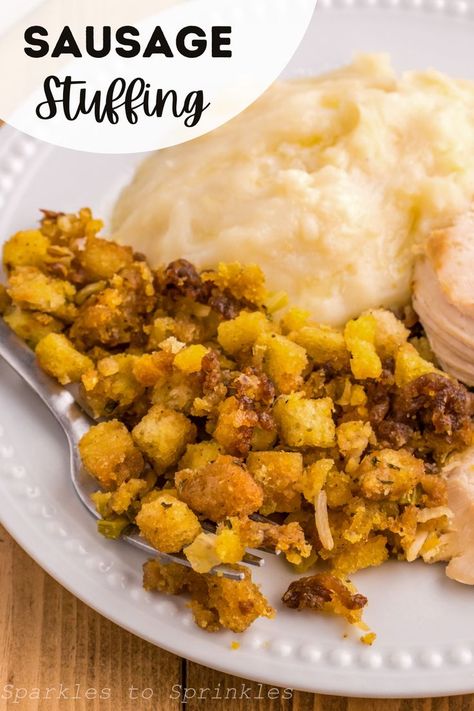 This sausage stuffing recipe is the perfect side to your holiday feast this year. It is loaded with so much flavor thanks to the Italian sausage, the butter, and sage, that you will find yourself going back for seconds, thirds, and fourths. Stuffing With Sausage, Sausage Cornbread Stuffing, Sausage Stuffing Recipe, Cornbread Stuffing, Sausage Stuffing, Mild Italian Sausage, Best Christmas Recipes, Party Food And Drinks, Stuffing Recipes