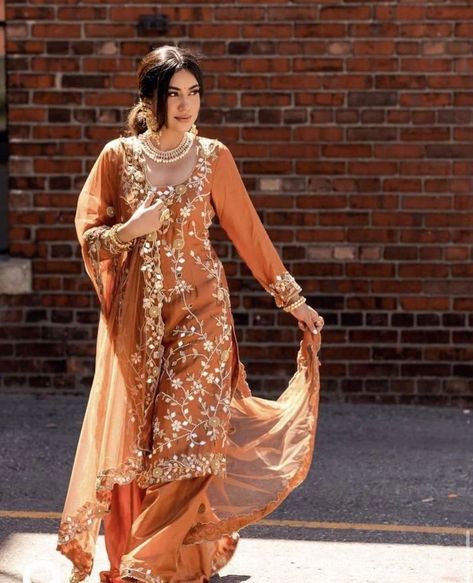 Orange Suit Indian, Punjabi Sharara Suits Party Wear, Brown Indian Suit, Orange Indian Suit, Pajami Suits Punjabi, Orange Suits Punjabi, Brown Punjabi Suit, Goa Accessories, Modern Punjabi Outfits