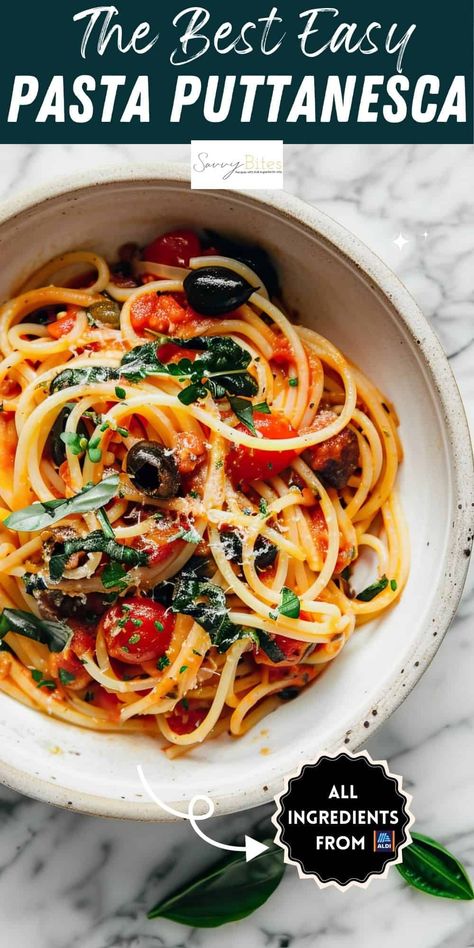 Discover this easy pasta puttanesca recipe—perfect for a quick Mediterranean meal. Made with tomatoes, olives, and capers, this authentic pasta dish is ready in just 30 minutes. Ideal for weeknight dinners! Pasta Puttanesca Recipe Authentic, Recipe With Cherry Tomatoes, Puttanesca Pasta, Pasta Puttanesca Recipe, Puttanesca Recipe, Authentic Pasta, Pasta With Olives, Creamy Pasta Bake, Capers Recipe