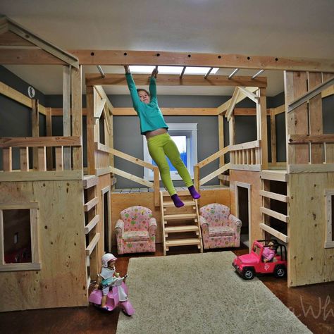 diy-basement-playground03 Indoor Playground Bed Wood Playground, Backyard Playset, Indoor Playhouse, Build A Playhouse, Diy Playground, Diy Basement, Monkey Bars, Kids Bunk Beds, Diy Bar