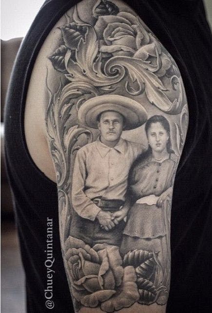 Potrait Tattoo, Portrait Tattoo Sleeve, Arm Tattoos For Guys Forearm, Realism Portrait, Parent Tattoos, Portrait Tattoos, Flying Tattoo, Framed Tattoo, Chicano Style Tattoo