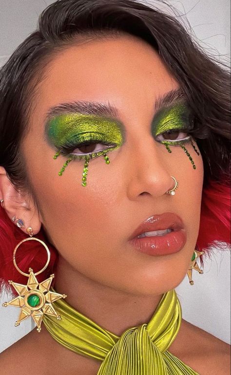 Green Rhinestone Makeup, Asoka Trend, Tear Makeup, Tears Makeup, Abstract Makeup, Autumn Photoshoot, Rhinestone Makeup, Performance Hairstyles, Avant Garde Makeup