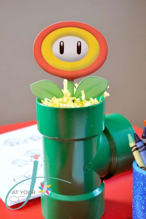 Nate's 3rd Birthday | CatchMyParty.com Mario Bros Birthday Party Centerpieces, Mario Party Centerpieces Ideas, Super Mario Bros Centerpiece Ideas, Super Mario Centerpieces, Brothers Birthday Party Ideas, Mario Brothers Birthday Party Ideas, Luigi Party, Luigi Birthday, Super Mario Brothers Birthday Party