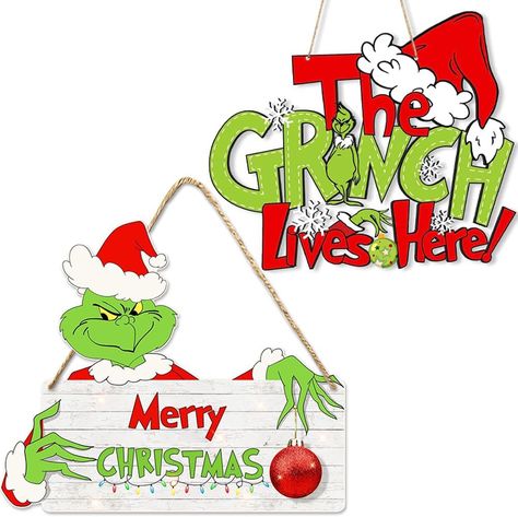 Add a touch of holiday whimsy to your home! This delightful and festive decoration features the iconic Grinch. This door hanger will instantly welcome guests and create a playful, seasonal atmostphere to anyone who visits Monster Decorations, Grinch Decorations, Corner Door, Christmas Wooden Signs, Grinch Christmas Decorations, Wooden Door Signs, Christmas Decorations For Kids, Porch Wall, Christmas Grinch