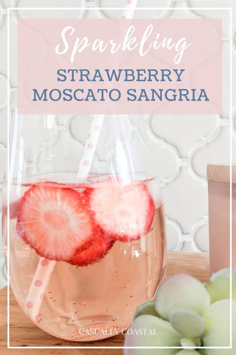 If you're looking for a delicious but lite cocktail recipe, this simple Sparkling Strawberry Moscato Sangria recipe is always a crowd pleaser. Perfect for a Valentine's Day cocktails, Easter cocktails, or bridal shower cocktails! #sangriarecipeseasy #sangriarecipeseasymoscato #strawberrysangria via @casuallycoastal Moscato Sangria Recipes, Moscato Drinks, Strawberry Moscato, Bridal Shower Punch, Moscato Sangria, Bridal Shower Drinks, Bridal Shower Cocktails, Pink Sangria, Strawberry Sangria