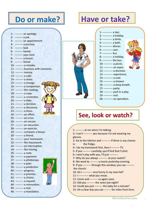 Do or make - Have or take - See, look or watch - English ESL Worksheets for distance learning and physical classrooms English Grammar Exercises, English Collocations, English Teaching Materials, Grammar Exercises, English Exercises, Teaching English Grammar, Vocabulary Practice, English Writing Skills, English Activities