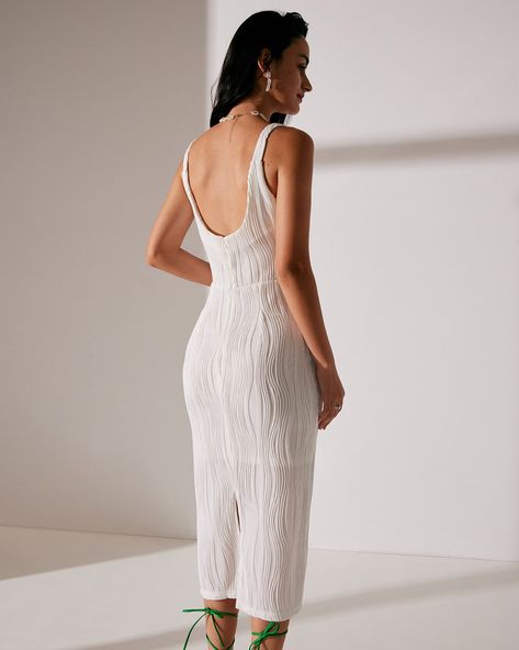 Textured Backless Midi Dress - White - S,M,L| RIHOAS – rihoas Backless White Midi Dress, Backless White Dress, Reception Dress Ideas, Round Neckline Dress, White Backless Dress, Backless Midi Dress, Tailored Clothes, Dress 2022, Custom Size Dresses