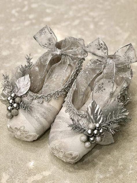 Snow Queen decorated pointe shoes. Nutcracker ballet Nutcracker Snow Queen Gifts, How To Decorate Pointe Shoes, Decorated Ballet Shoes, Nutcracker Pointe Shoes, Decorated Pointe Shoes Nutcrackers, Decorating Pointe Shoes, Nutcracker Pointe Shoe Decorating, Pointe Shoes Decorated, Decorated Pointe Shoes