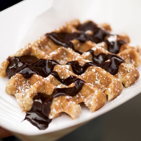 Belgian Chocolate-Fudge Sauce | Food & Wine Bisquick Waffle Recipes, Kid Friendly Brunch, Best Belgian Waffle Recipe, Belgian Waffles Recipe, Chocolate Fudge Sauce, Crispy Waffle, Waffles Recipe, Waffle Recipe, Waffle Toppings