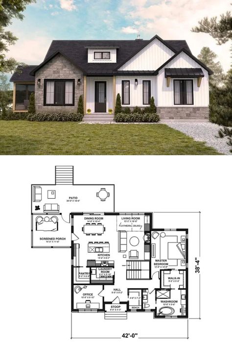 4-Bedroom Single-Story Muskoka Ranch-Style House Plan for a Sloped Lot with Open Concept Living One Story House Plans Bloxburg, Single Story House Floor Plans, Sims 4 Floor Plan, Open Concept House Plans, Sims 4 Floor, Modern House Floor Plans, Small House Layout, Sims 4 House Building, Sims 4 House Plans