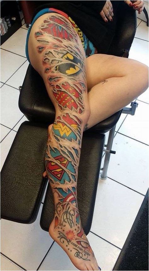 Tato Grunge, Tato Geisha, Full Leg Tattoos, Comic Tattoo, Tattoo Leg, Marvel Tattoos, Theme Tattoo, Hand Tattoos For Women, Leg Tattoos Women