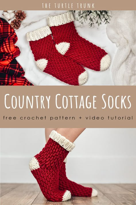 PInterest Pin for the Country Cottage Socks Crochet Pattern by The Turtle Trunk Cottage Socks, Easy Crochet Socks, Christmas Socks Pattern, Diy Crochet Slippers, Socks Crochet, Easy Crochet Slippers, Crochet Socks Pattern, Slipper Pattern, Crochet Slipper