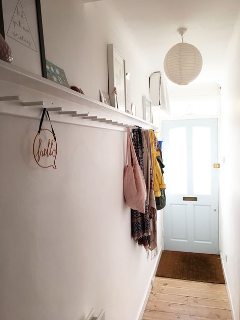 Victorian hallway with peg rail picture shelf Hallway Shelf, Victorian Hallway, Peg Rail, Narrow Hallway Ideas, Hallway Inspiration, Narrow Hallway Decorating, Clothes Hanging, Hallway Designs, Picture Shelves