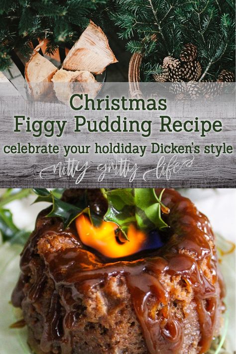 This figgy pudding recipe, steeped in tradition, is sure to excite even the Ebenezer Scrooge types with its fruity sweetness & spectacular flaming presentation.  Create new Christmas traditions with this heirloom recipe. #christmasrecipe #christmaspudding #figgypudding Flaming Christmas Pudding, Christmas Figgy Pudding, Fig Pudding Christmas, Colonial Christmas Recipes, British Christmas Pudding Recipe, Figgie Pudding Recipe, Victorian Christmas Desserts, Christmas Puddings Ideas, Fig Pudding Recipe