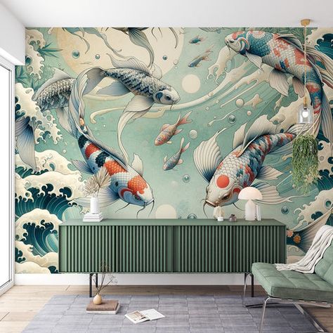 Carp Wallpaper, Bamboo Mural, Girls Bedroom Mural, Art Deco Mural, Watercolor Mural, Jungle Mural, Forest Mural, Flower Mural, Animal Mural