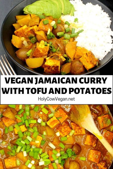 An easy, tasty Vegan Jamaican Curry with chunks of tofu and potatoes in a flavorful sauce spiced with curry powder. With 196 calories and 9 grams of protein in each serving, this recipe is not just delicious -- it's also very healthy and waist-friendly. #jamaicancurry #veganrecipes #potatorecipes #tofurecipes #holycowvegan Vegan Jamaican, Curry With Tofu, Jamaican Curry Powder, Vegan Potato Recipes, Jamaican Curry Chicken, Veggie Main Dishes, Vegan Curry Recipes, Vegan Soul Food, Jamaican Curry