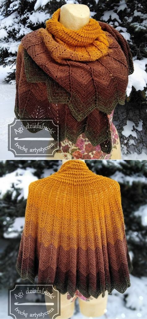 Beautiful Warm Cosy Crochet Shawls.This fantastic shawl made with warm colors is a great addition to any woman wardrobe. The best part is how practical and intricate it is. You can wrap it around your shoulder and wear it all year long. The yarn that was used for this project is 50% cotton and 50% acrylic. #freecrochetpattern #shawl #wrap Crochet Elf Shawl, Bohemian Shawl Crochet Pattern, Shawl Wrap Crochet Pattern, Crochet Dragon Shawl Free Pattern, It's A Wrap Yarn Patterns, Shoulder Shawl Crochet Pattern, Fall Shawl Crochet Patterns, Long Hooded Cape Crochet Pattern Free, Owl Shawl Crochet Pattern