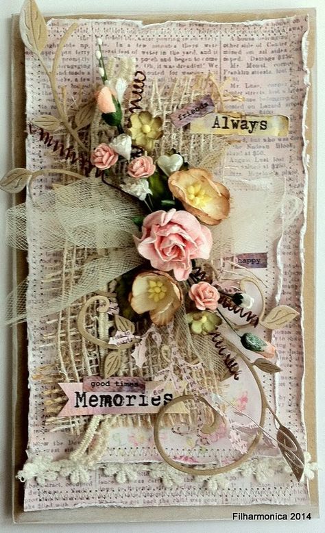 Card With Flowers, Mixed Media Cards, Shabby Chic Cards, Mixed Media Art Canvas, Mixed Media Crafts, Shabby Chic Crafts, Vintage Junk Journal, Beautiful Handmade Cards, Handmade Tags