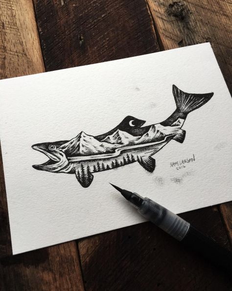 When your ink isn’t dry and you smear your drawing #art... Salmon Tattoo, Trout Tattoo, Sam Larson, Your Drawing, Mountain Tattoo, Badass Tattoos, Nature Tattoos, Pen Art, Fish Art