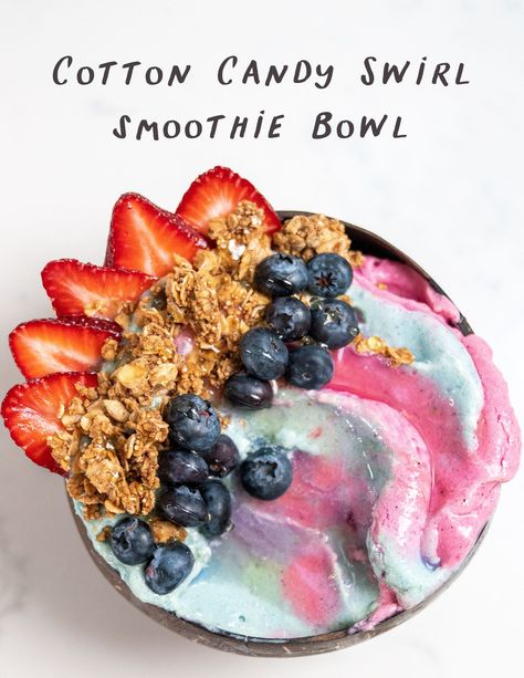 Cotton Candy Swirl Smoothie Bowl Pretty Smoothie Bowls, Cotton Candy Smoothie, Twin Coast Smoothie Bowls, Colorful Smoothie Bowls, Cotton Candy Smoothie Bowl, Mermaid Smoothie Bowl, Ocean Smoothie Bowl, Nicole The Nomad, Watermelon Smoothie Bowl