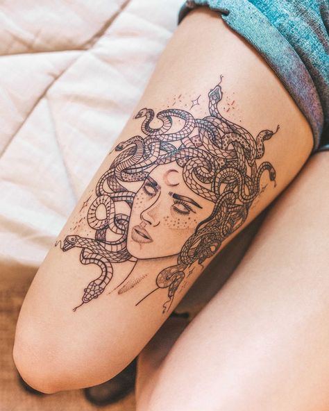 tattoo rroom ☾ on Instagram: ““flee, for if your eyes are petrified in amazement, she will turn you to stone.”☽ . . #blackwork #medusa #medusatattoo #thightattoo #snake…” Medusa Tattoos, Medusa Tattoo Design, Tattoos For Women Half Sleeve, Geniale Tattoos, Medusa Tattoo, Thigh Tattoos Women, E Tattoo, Tattoo Designs And Meanings, Tattoos Designs