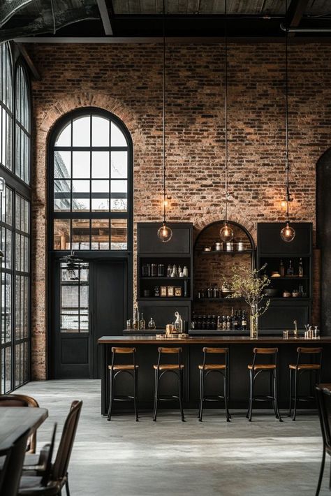 Industrial Theme Office Interior Design, Victorian Industrial Decor, Exposed Brick Decorating Ideas, Sleek Industrial Design, Neo Industrial Interior, Industrial Commercial Design, Industrial Aesthetic Interior Design, Industrial Office Kitchen, Industrial Speakeasy