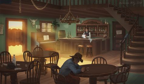 Wild West Tavern interior Artwork by our student Nelly Amosova  https://www.artstation.com/nellyamosova  Creator of the Environment Concept Art class: Ivan Smirnov  https://real-sonkes.artstation.com/  Mentor: Kirill Gusarov  https://www.artstation.com/lensukem  #smirnovschool #tavern #western #conceptart #digitalart t #digitalart Tavern Interior, Old West Saloon, Interior Concept Art, Concept Art Landscape, Old Western Towns, Cowboys Bar, Western Bar, Western Interior, Western Saloon