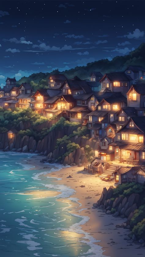 a seaside village Coastal Town Aesthetic Dark, Fantasy Beach Village, Fantasy Beach City, Seaside Village Aesthetic, Fantasy Beach Town, Coastal Town Aesthetic, Seaside Kingdom, Sea Side Town, Anime Village