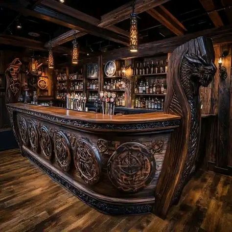 Viking Interior Design, Norse House, Viking Bar, Tavern Ideas, Viking Kitchen, Dark Academia Home, Alcohol Bar, Pub Interior, Log Home Living