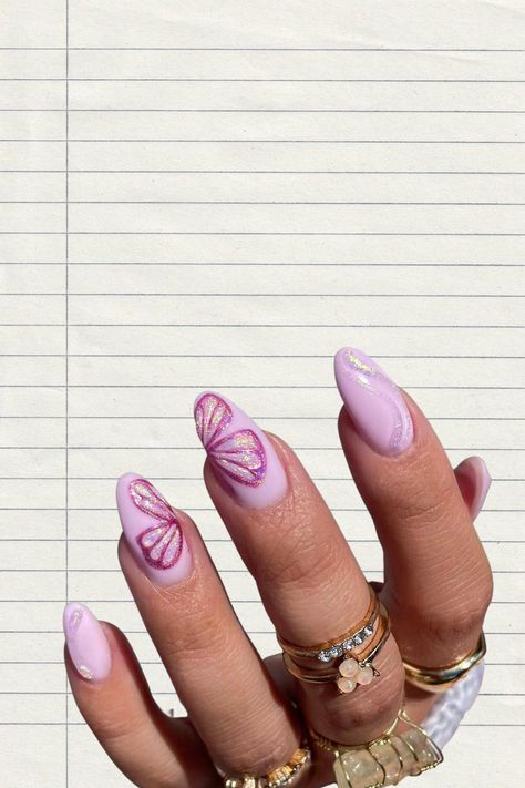 Pink Butterfly Nails Almond, Butterfly Nails Easy, Pink Nails Butterflies, Half Butterfly Nails, Nail Designs Butterflies, Pink Nails With Butterfly, Butterfly Almond Nails, Pink Nails Butterfly, Spring Almond Shaped Nails