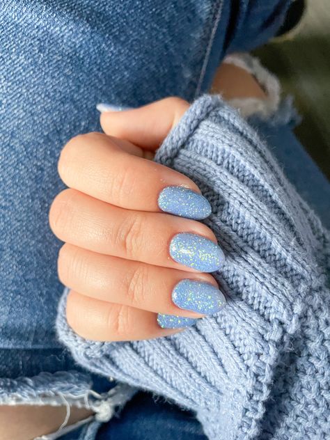 glitter blue gel nails done with magpie loose glitter! Cinderella Aesthetic Nails, Blue Glitter Gel Nails, Cinderella Blue Nails, Glittery Blue Nails, Clear Blue Glitter Nails, Blue Glitter Shellac Nails, Deep Blue Glitter Nails, Blue Shimmer Nails Acrylic, Cinderella Blue