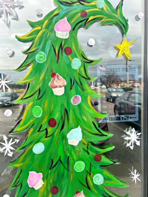 The Grinch Window Painting, Christmas Window Painting Grinch, Whoville Window Painting, Grinch Window Display, Christmas Tree Window Painting, Grinch Window Painting, Christmas Window Painting Ideas, Holiday Window Painting, Library Window