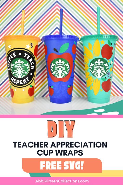 Teacher appreciation cup tutorial with Cricut. DIY personalized tumbler cups with a free teacher appreciation SVG files. Full starbucks cold cup wrap tutorial. Teacher Appreciation Cups, Teacher Appreciation Diy, Cup Wrap Svg, Crayon Gifts, Apple Teacher, Cricut Air, Monthly Crafts, Teachers Diy, Cricut Projects Beginner