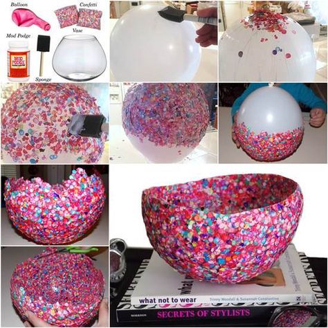 Diy Confetti Bowl, Ballon Diy, Button Bowl, Confetti Bowl, Bowl Decor, Unique Bowl, Diy Confetti, Diy Bowl, Diy And Crafts Sewing