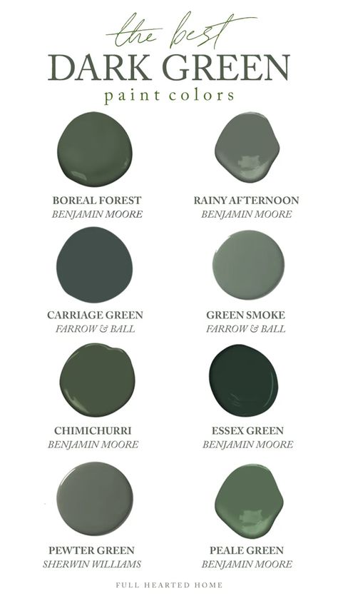 The Best Dark Green Paint Colors - Full Hearted Home Dark Green Paint Colors, Essex Green, Dark Green Paint, Bathroom Downstairs, Rum Inspo, Green Accent Walls, Dark Green Walls, Entry Ideas, Paint Inspiration