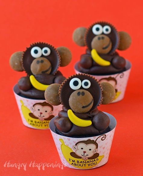 Monkey Cupcakes Monkey Cupcakes, Banana Candy, Cupcake Drawing, Peanut Butter Candy, Reeses Cups, Cupcake Wars, Animal Cupcakes, Edible Crafts, Easy Cupcakes