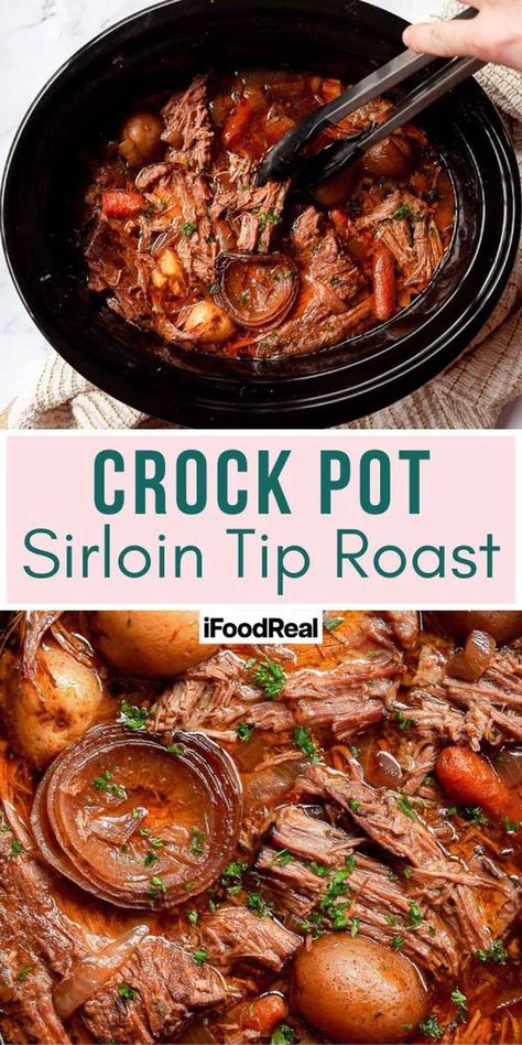 This recipe for Crock Pot Sirloin Tip Roast with tender beef and vegetables in au jus, will become your new favorite slow cooker dinner! Top Sirloin Roast Recipe, Slow Cooker Prime Rib, Top Round Roast Recipe, Sirloin Roast Recipes, Chuck Roast Crock Pot Recipes, Roast Beef Crock Pot Recipes, Sirloin Tip Steak, Crock Pot Beef Tips, Tip Roast