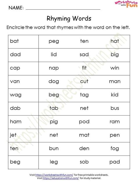 Rhyming Words List, Bee Classroom Decor, Rhyming Words Worksheets, Teach Phonics, Phonics Reading Passages, Words Worksheet, 3 Letter Words, Bee Classroom, English Worksheets For Kindergarten