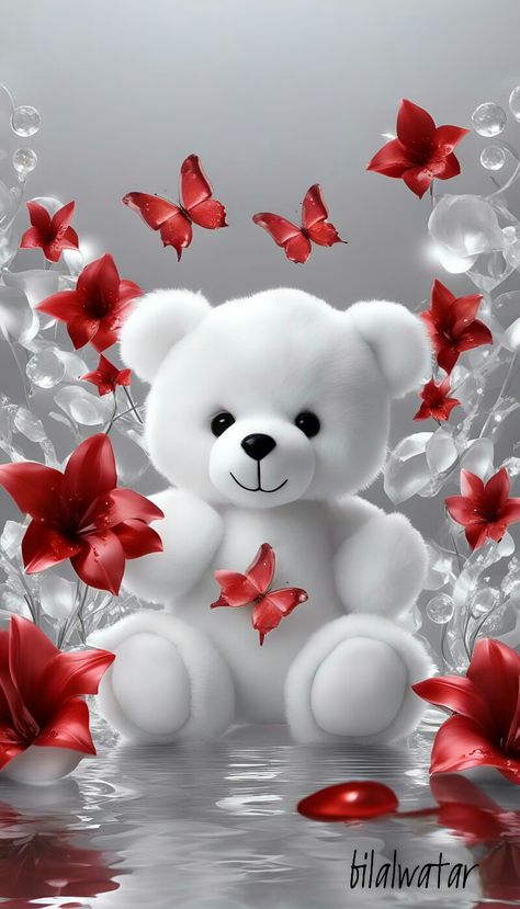 Good Night, Butterflies, Teddy Bear, Water, Flowers, Red, White, Design