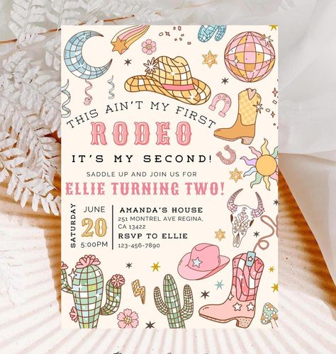 Get ready to saddle up for an unforgettable celebration with our "My Second Rodeo" Birthday Invitation! 🤠🎉 This Wild West Cowgirl-themed invite is perfect for your little one's 2nd birthday. Featuring a fun and charming design with cowgirl hats and boots, this invitation will set the stage for a rootin' tootin' good time! Planning a Wild West birthday party? Our "My Second Rodeo" Invitation is just what you need! It's easy to edit, making it simple to add all your party details. This invite is Free Farm Birthday Invitations, Two Rodeo Party, Shared Sibling Birthday Party, Horse Second Birthday Party, Two Year Old Cowgirl Party, Western Birthday Party Invitations, It Aint My First Rodeo Its My Second, Second Birthday Rodeo, Texas Two Step Birthday Party