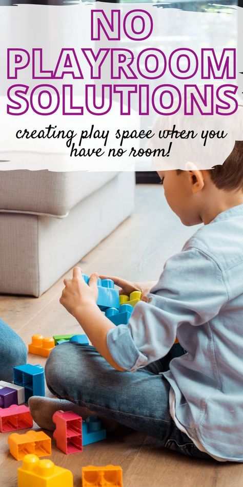 kids playing in a living room. Text overlay reads "no playroom solutions, creating play space when you have no room!" Small House Play Area, Small House Toy Storage, No Playroom Solutions, Playroom Living Room Combo Layout, Small Living Room Play Area, Minimalistic Playroom, Small Space Toy Storage, Living Room Playroom Ideas, Toddler Organization Ideas