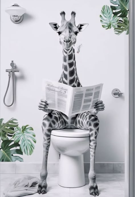 Giraffe In Bathtub, Toilet Humor Hilarious, Quirky Toilet, Sitting On Toilet, Toilet Wall Art, Toilet Pictures, Pose Sitting, Giraffe Pictures, Funny Art Prints