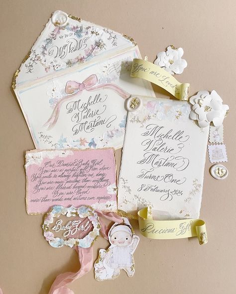 Meilifluous Calligraphy | Styled shoot invitation set for 1 year old Michelle Valerie Martani #birthday #keepsake #calligraphy #writtenbymei Wedding Invitation Keepsake, Sweet 17, Calligraphy Stationery, Acrylic Signage, Baby Letters, Invitation Calligraphy, Birthday Card Design, Cute Letters, Vintage Ribbon