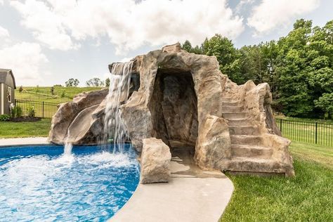 Swimming Pool Waterfall, Backyard Pool Design, Custom Backyard, Dream Backyard Pool, Rock Waterfall, Swimming Pool Landscaping, Waterfalls Backyard, Pool Waterfall, Backyard Pool Landscaping