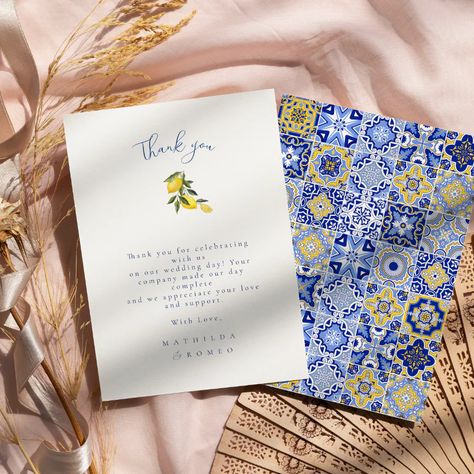 Blue Mediterranean Tile & Citrus Wedding Thank You Invitation Citrus Wedding Invitations, Blue Tile Patterns, Citrus Wedding, Mediterranean Wedding, Mediterranean Tile, Wedding Anniversary Invitations, Mediterranean Coast, Anniversary Invitations, Italian Wedding